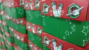 Operation Christmas Child shoeboxes stacked